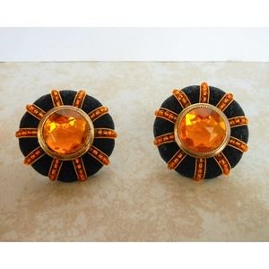 Vintage Black Velvet  Clip On Earrings ,  Large Pink Rhinestone